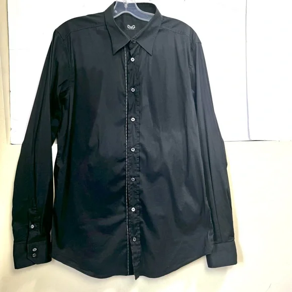 D & G Dolce & Gabbana Logo Cotton Trim Button Top Shirt Long Sleeve Black 54 - Picture 2 of 16